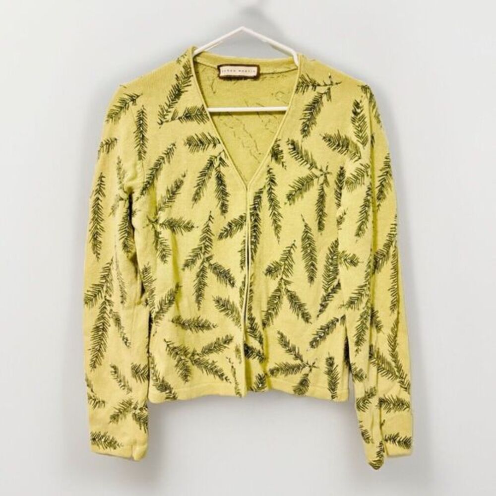 Vintage Susan Martin Knit Cardigan Sweater Green Fern Leaf Beaded Embroidered M